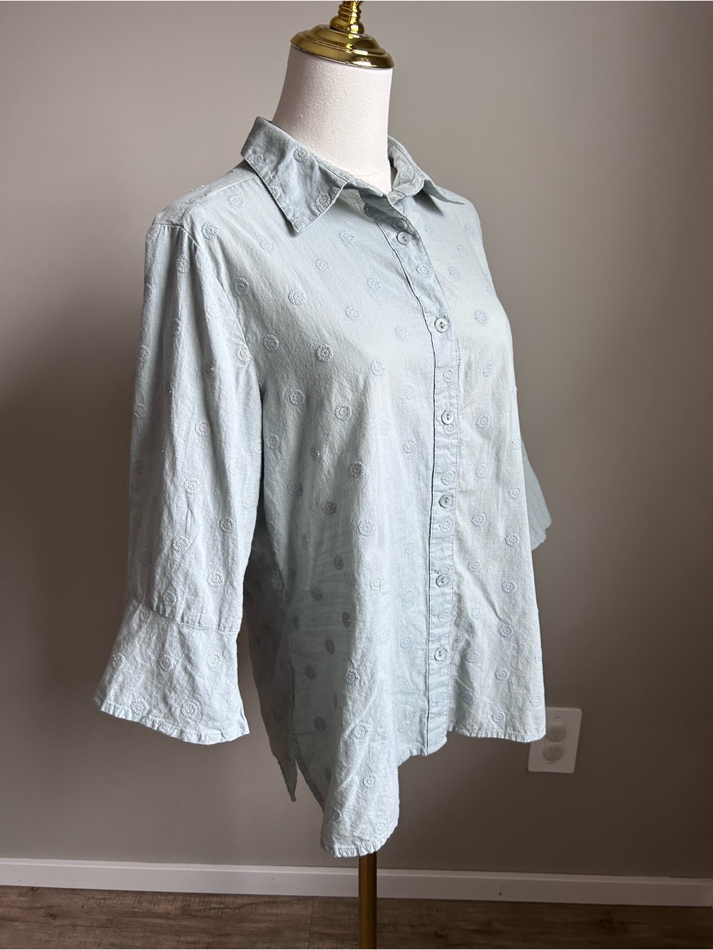 Cotton embroidered bell sleeve Women's Button-Down Blouse in Light Blue green